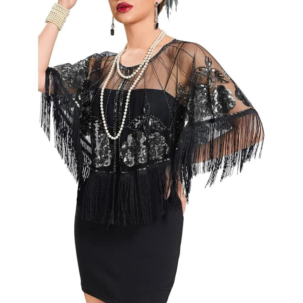 Women's Sequin Beaded 1920s Flapper Shawl Wrap for Evening Party Wedding